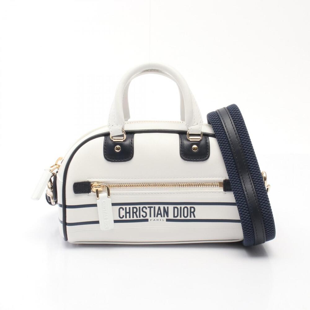 Dior VIBE Bowling Bag Handbag Leather White Navy Blue